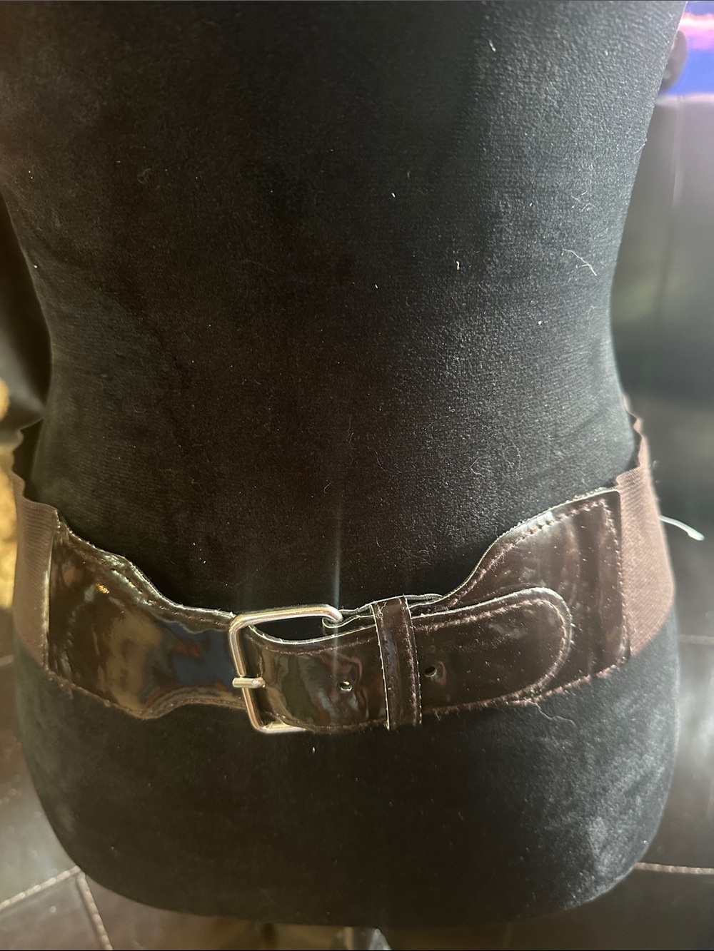 Women’s Brown Patent Leather Wide Belt with Silver Buckle